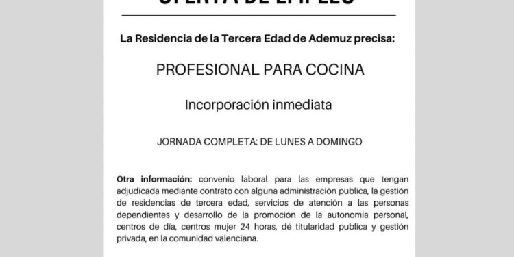 Oferta de Empleo como profesional de cocina en la Residencia de la Tercera Edad de Ademuz