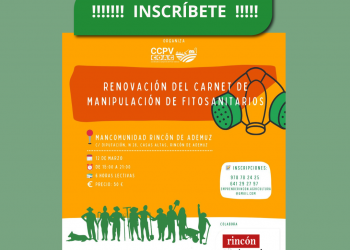 CURSO DE FITOSANITARIOS RENOVACIÓN_MARZO 2024 📍 Mancomunidad Rincón de Ademuz 📅 12 de marzo ⏰ de 15:00 a 21:00 📚 6 horas lectivas 💶 Precio: 50€ 📝 inscripciones en 978 782 425 o 641 292 797 o por e-mail: emprenderincon.agricultura@gmail.com