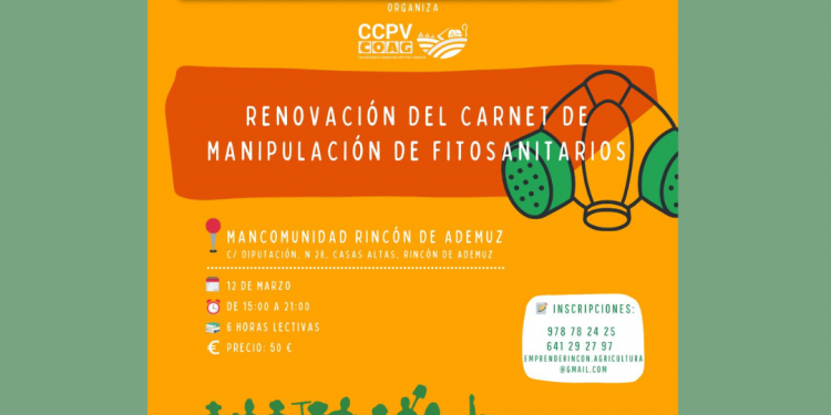 CURSO DE FITOSANITARIOS RENOVACIÓN_MARZO 2024 📍 Mancomunidad Rincón de Ademuz 📅 12 de marzo ⏰ de 15:00 a 21:00 📚 6 horas lectivas 💶 Precio: 50€ 📝 inscripciones en 978 782 425 o 641 292 797 o por e-mail: emprenderincon.agricultura@gmail.com
