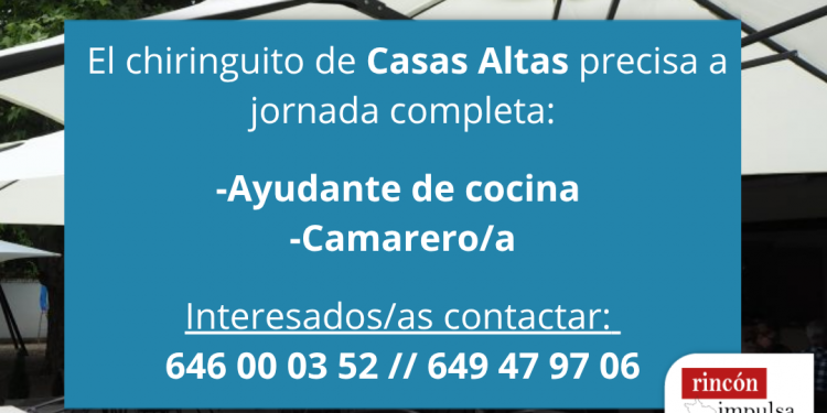 Oferta de empleo en Casas Altas: ayudante de cocina y camarero/a